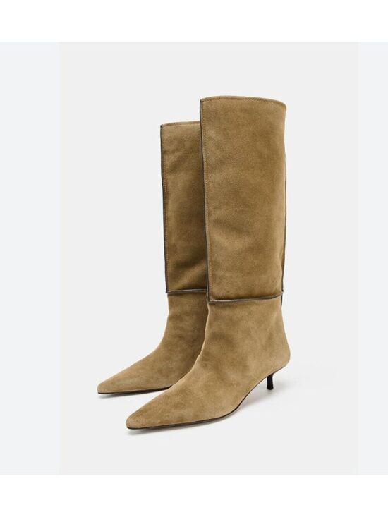 Zara Shoes - Zara Womens Suede Heeled High Boots EU 41 US 10 Tan Khaki Green 2001/610 NWOB